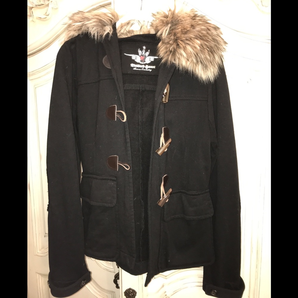Twisted Heart black toggle coat with fur - size S
